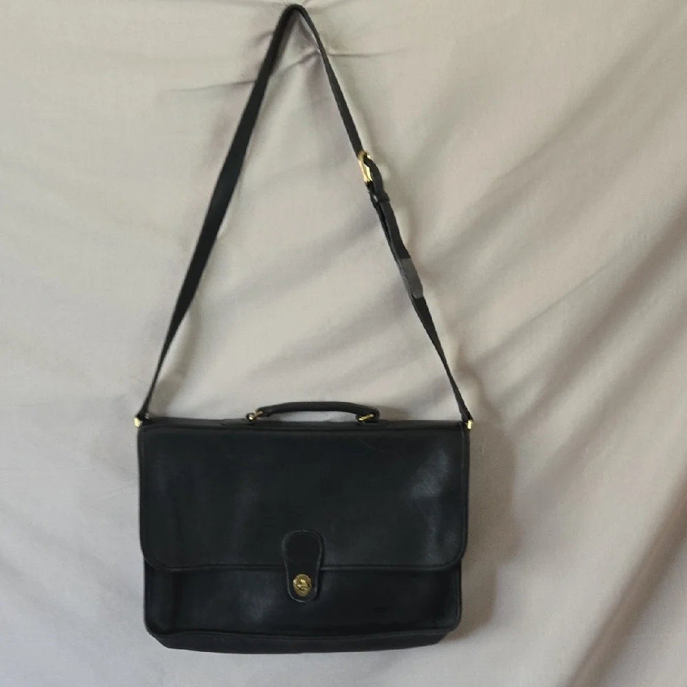 Black Leather Briefcase with Gold Clasp and Top Handle